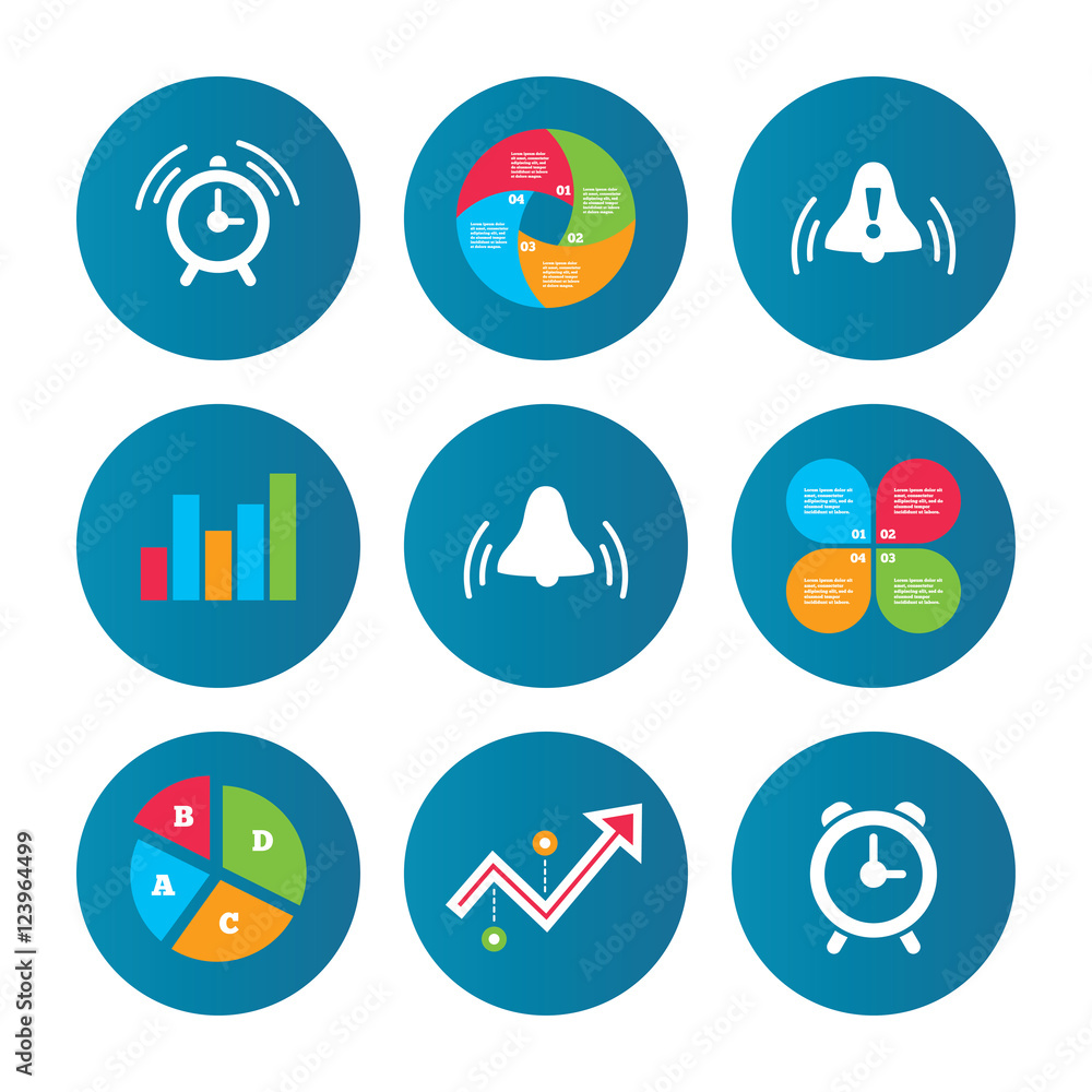 Alarm clock icons. Wake up bell signs symbols. Alarm clock icons. Wake up bell signs symbols.