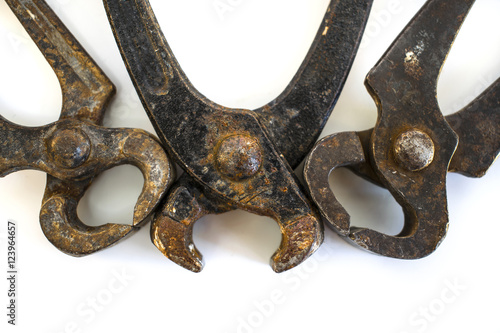Three Rusty Pincer Pliers in frontal view