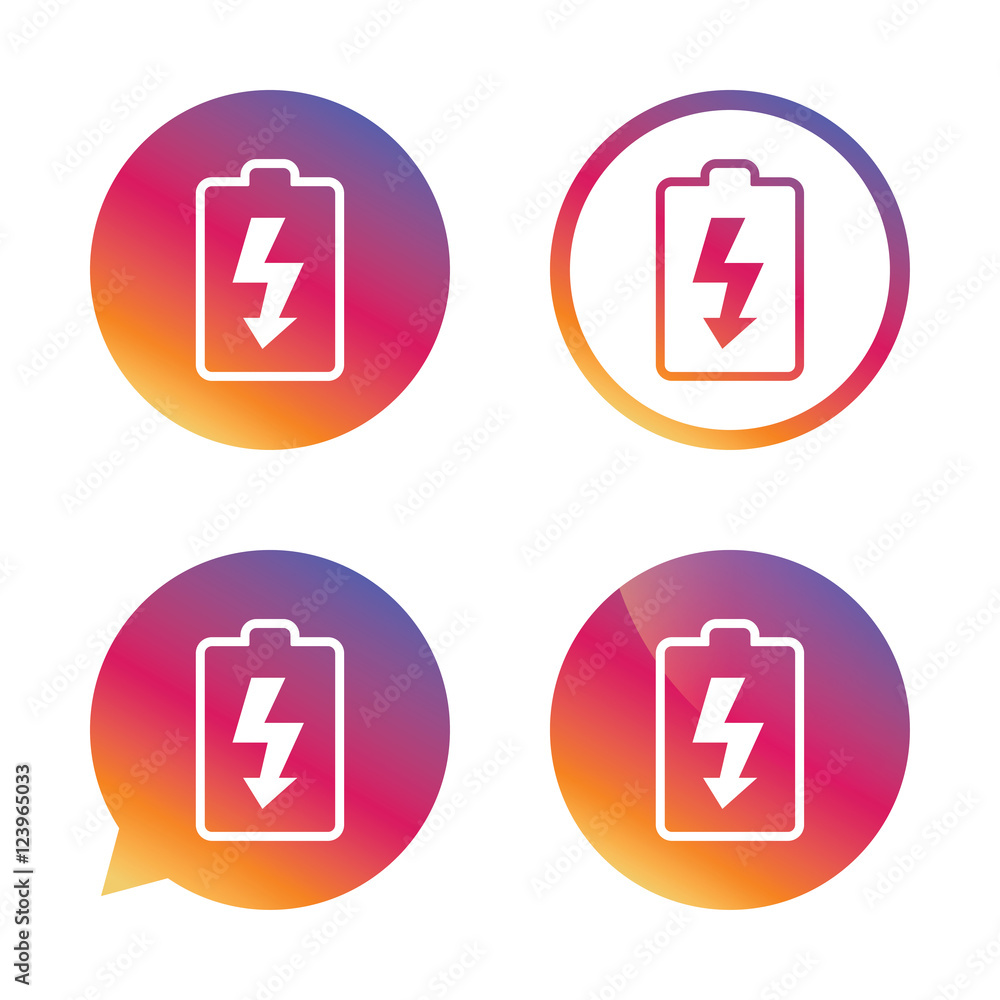 Battery charging sign icon. Lightning symbol. Battery charging sign icon. Lightning symbol.