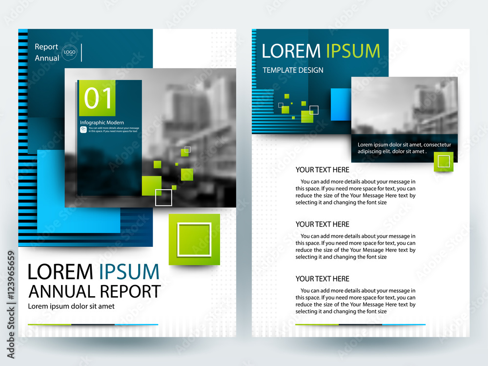 Naklejka premium Brochure Template flyer design of annual report with Green squares and blue in layout size A4 , Vector illustration