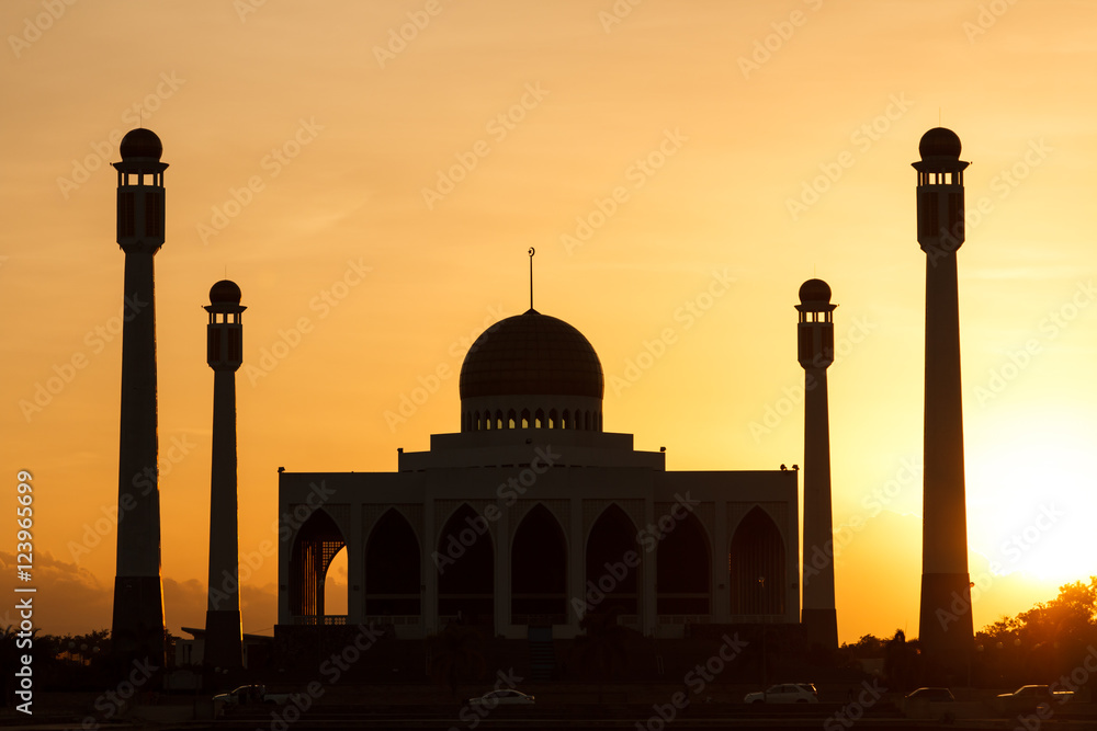 Silhouette of Masjid Central Songkhla during sunset
