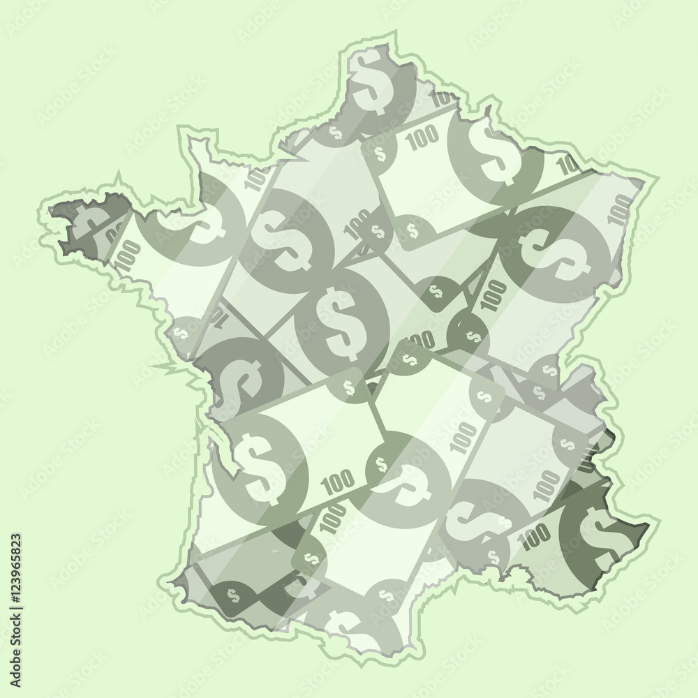 Map France covered in money, bank notes of one hundred dollars. On the map there is glass reflection. Conceptual.