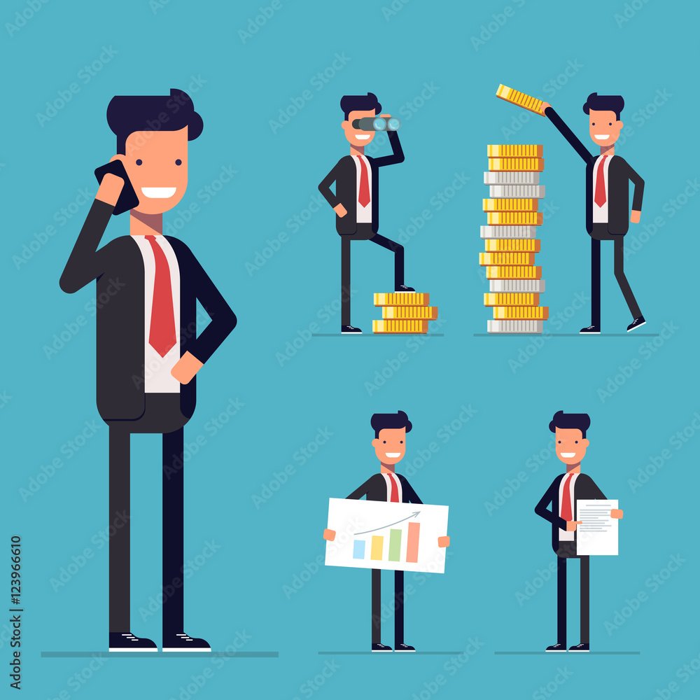 Businessman set. Cartoon character in a business suit. The man in the working environment. Businessman at work. Happy businessman in a flat style. Businessman in different poses. Businessman set. Cartoon character in a business suit. The man in the working environment. Businessman at work. Happy businessman in a flat style. Businessman in different poses.