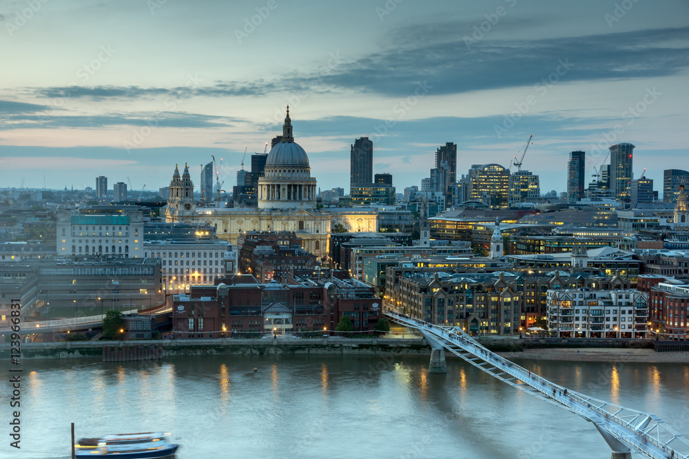 Sunset panorama of city of London, Thames river and St. Paul's Cathedral, England, Great Britain
