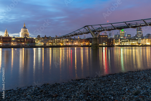 Amazing Night panorama of St. Paul's Cathedral from Thames river, London, England, Great Britain