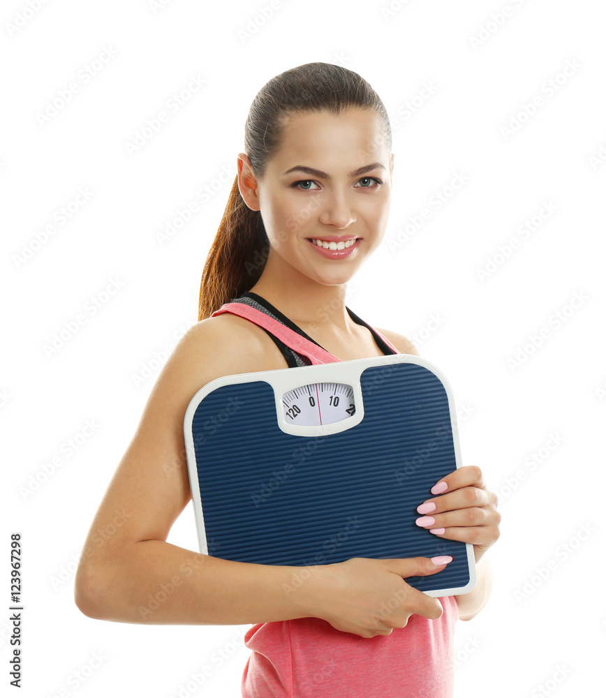 Beautiful girl with scales on white background Beautiful girl with scales on white background