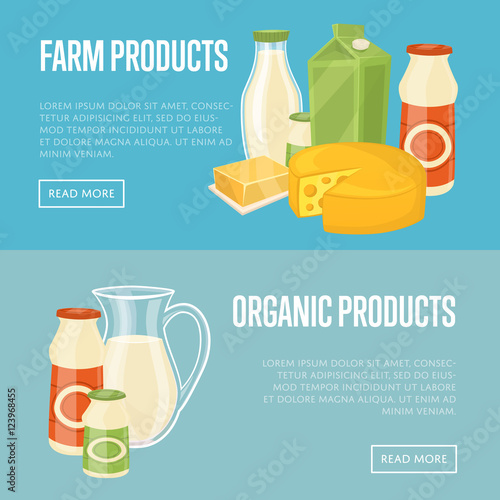Farm and organic products horizontal website templates with different dairy composition isolated on blue background, vector illustration. Natural healthy food. Organic farmers products concept