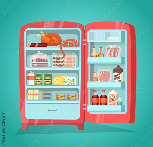 Retro refrigerator full of food. Vintage fridge filled with daily products vector illustration. Saving freshness of meal. Weekly nutrients supply. Space organization in freezer. Home abundance concept