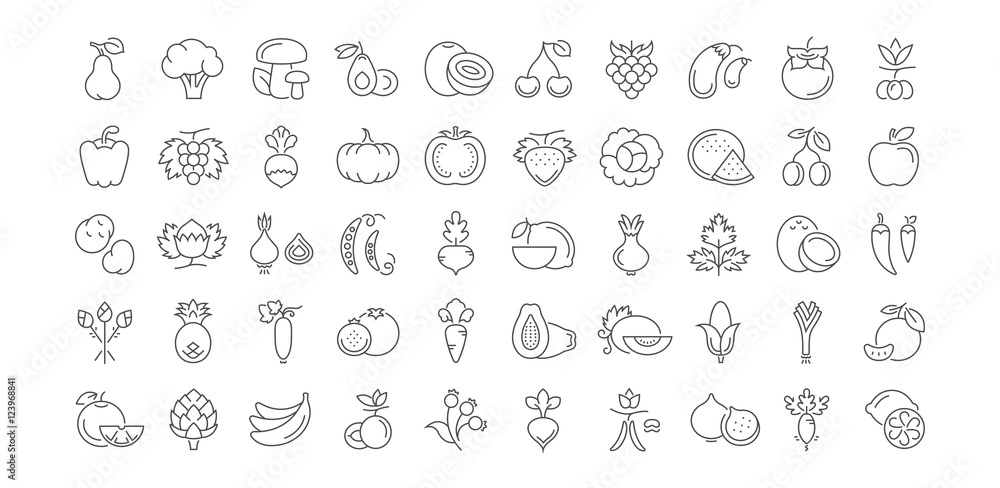 Set Vector Flat Line Icons Vegetables and Fruit Set Vector Flat Line Icons Vegetables and Fruit