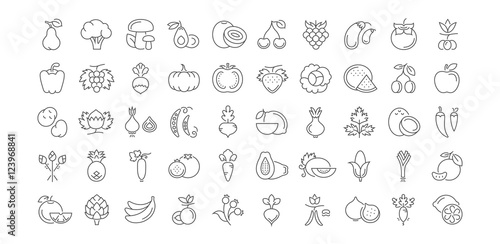 Set Vector Flat Line Icons Vegetables and Fruit