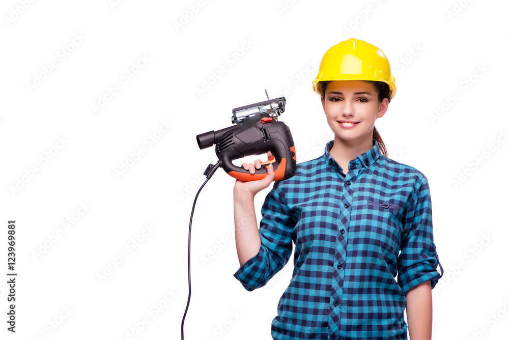 Young woman in industrial concept isolated on white Young woman in industrial concept isolated on white