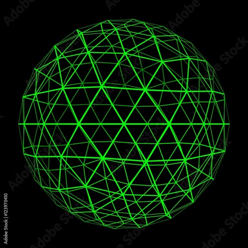 3D Geosphere Mesh with Glowing Green Grid Lines 3D Illustration