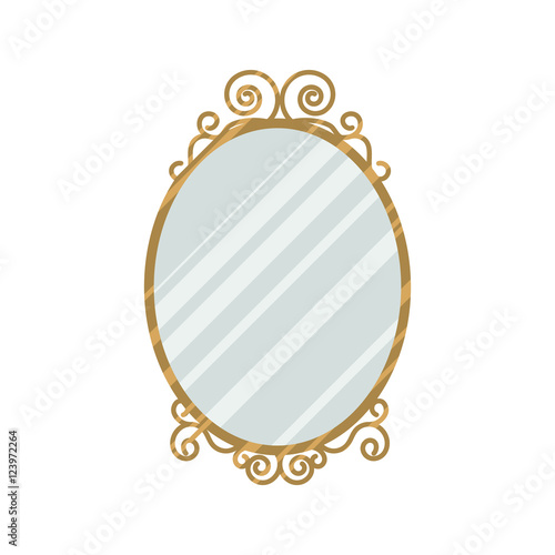 Vintage style feminine design mirror vector illustration. Home interior oval mirror with curl frame gold details.
