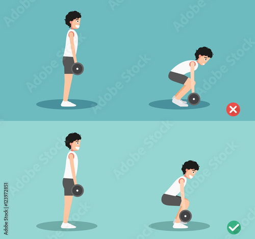 Male wrong and right deadlift posture,illustration