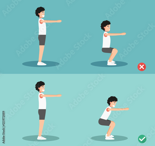 Male wrong and right squat posture,illustration