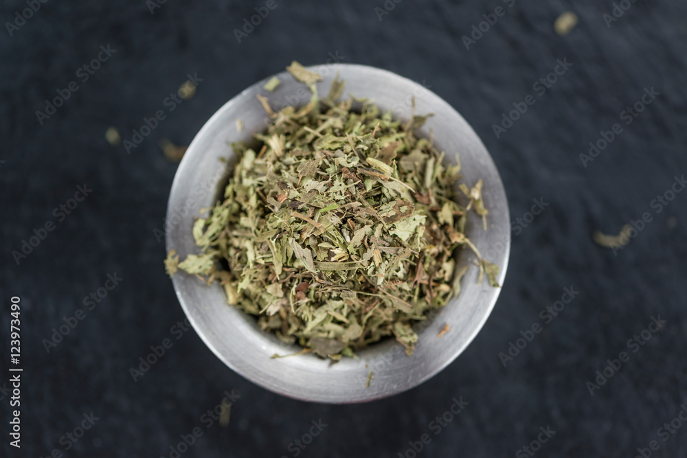 Portion of Stevia Leaves (dried, close-up shot) Portion of Stevia Leaves (dried, close-up shot)