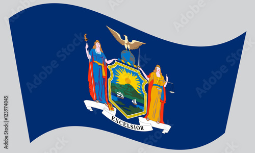 Flag of New York state waving on gray background