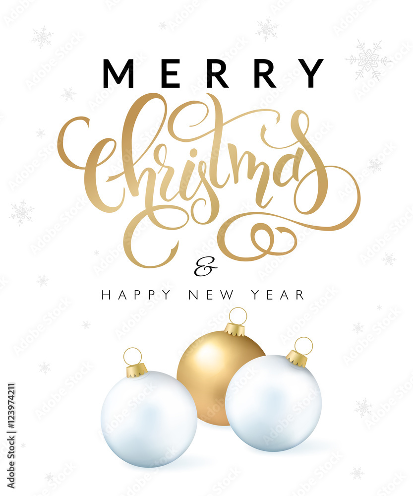 vector illustration of hand drawn lettering - Merry Christmas and happy new year - with christmas ornaments and snowflakes on the background vector illustration of hand drawn lettering - Merry Christmas and happy new year - with christmas ornaments and snowflakes on the background