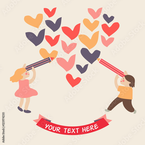 Little girl and little boy drawing a heart with pencil