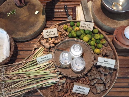 Spices herbs and seed beans in sacks and clay mortar, Local herbs