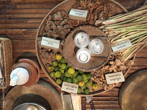 Spices herbs and seed beans in sacks and clay mortar, Local herbs
