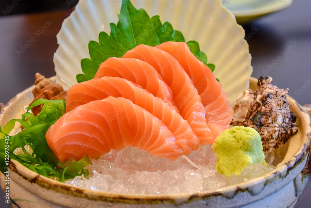 Sashimi salmon sliced in bowl. Japanese food