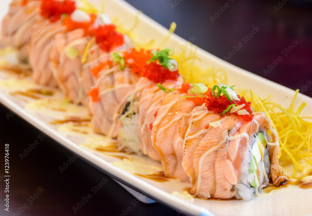 Grill salmon sushi rolls, Japanese food