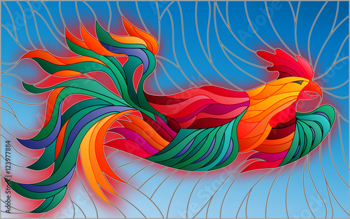 Illustration in stained glass style with abstract flying rooster