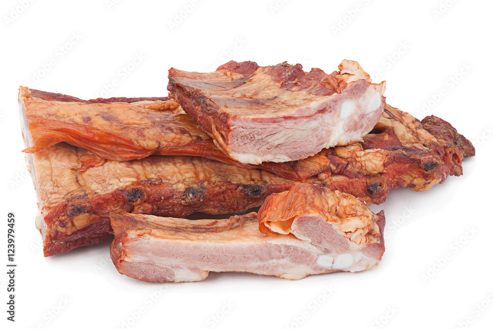 Smoked pork ribs on white