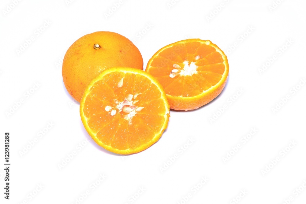 Sliced orange with orange ; Orange Texture, striped with seed isolate on white background with copy space Sliced orange with orange ; Orange Texture, striped with seed isolate on white background with copy space