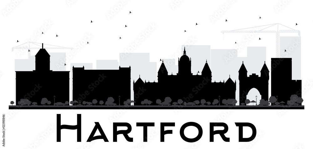 Hartford City skyline black and white silhouette. Hartford City skyline black and white silhouette.