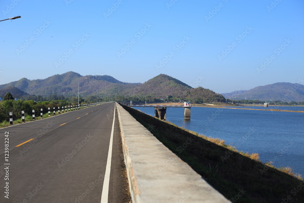 The road on the dam in Bang Phra Reservoir, Thailand