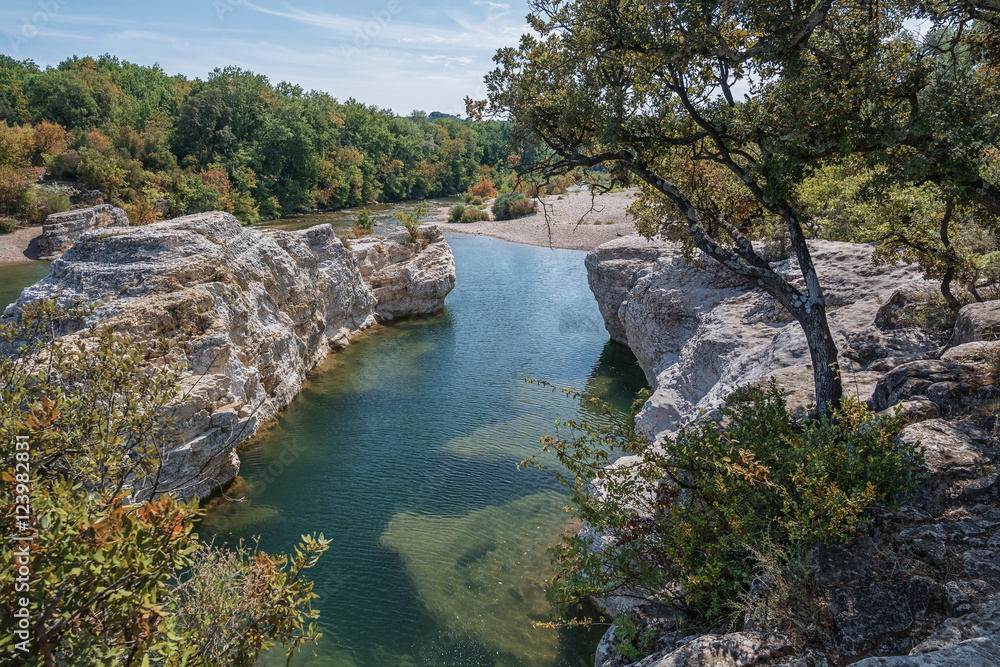 Spectacular waterfalls and rapids of the Cascades du Sautadet, France.