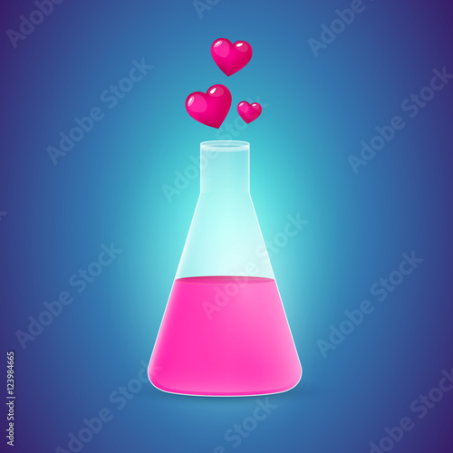 Elixir of Love background. Love chemistry. Set of hearts. Test tube with love fluid. Chemical reaction. Vector illustration. photo