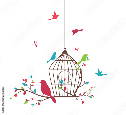 Colorful tree with birds and birdcages