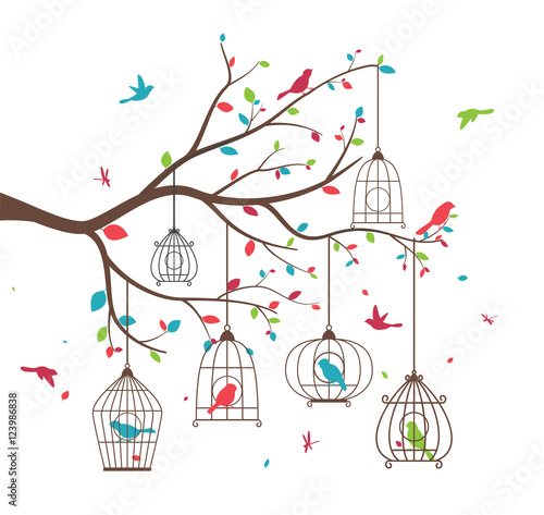 Colorful tree with birds and birdcages