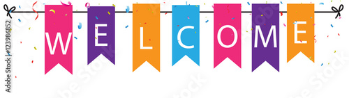 Welcome sign with colorful bunting flags and confetti