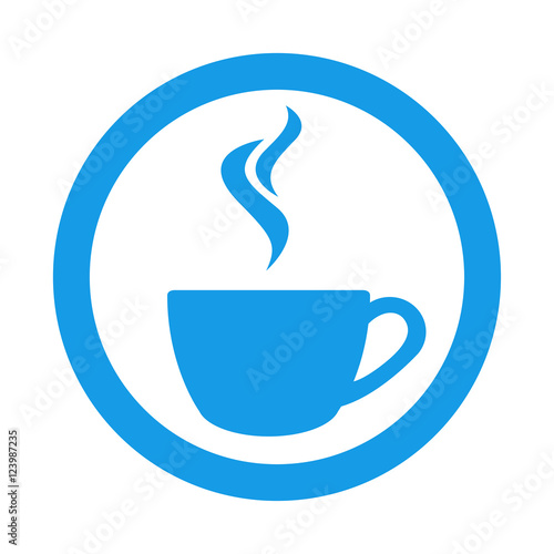 Icono plano cafe humeante en circulo color azul