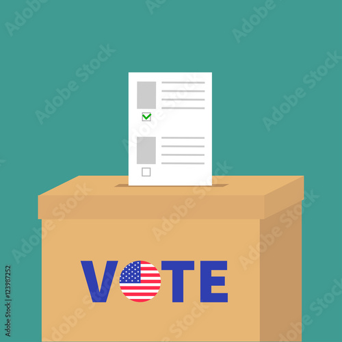 Ballot Voting box with paper blank bulletin Choice concept. Polling station. President election day Vote text round badge button. Green background Flat design Card