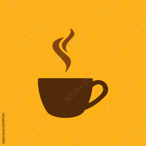 Icono plano cafe humeante marron en fondo naranja