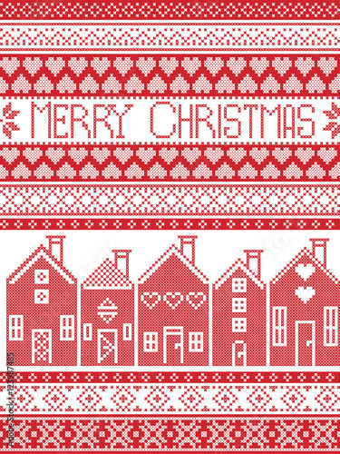Scandinavian style and Nordic culture inspired Merry Christmas seamless card with  winter pattern including Swedish style houses, decorative ornaments, snow, snowflakes  in cross stitch 
