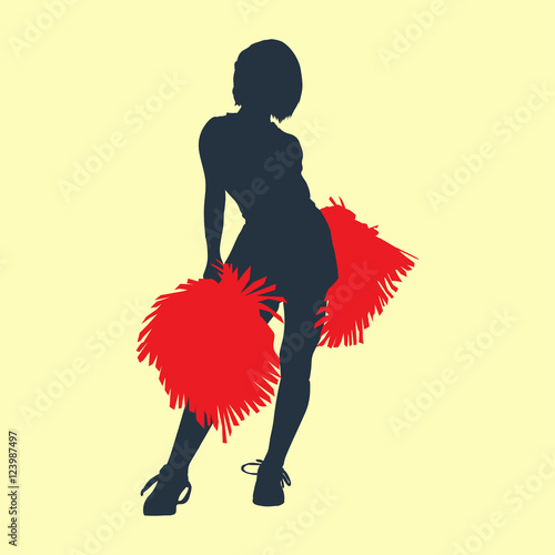Icono plano silueta cheerleader con pompones en fondo amarillo