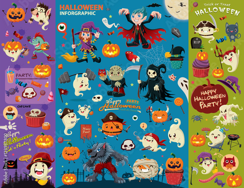 Vintage Halloween poster design set with vector vampire, witch, mummy, wolf man, ghost, reaper, zombie, pirate character.