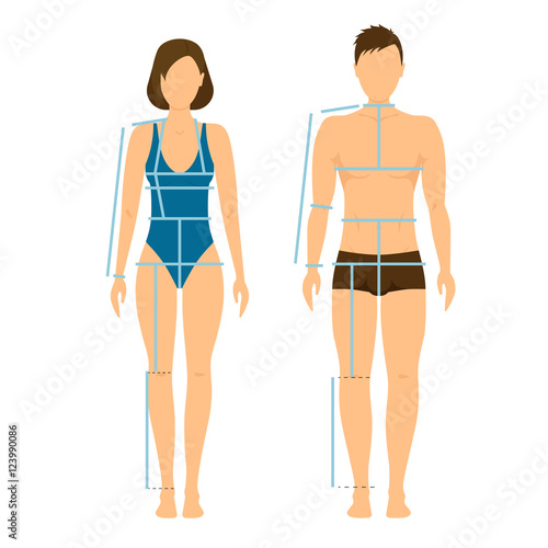Woman and Man Body Front  Back for Measurement. Vector