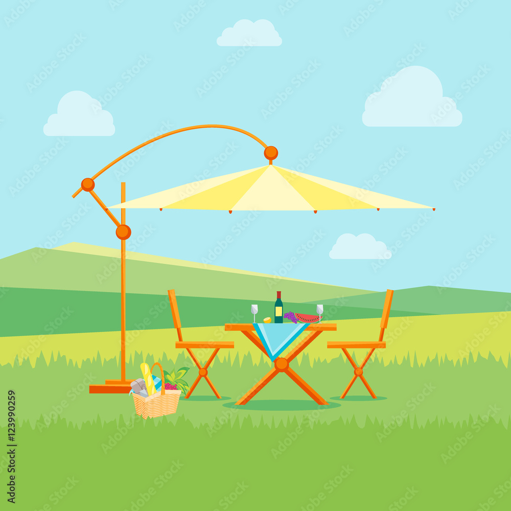 Summer Picnic in Nature Flat. Vector