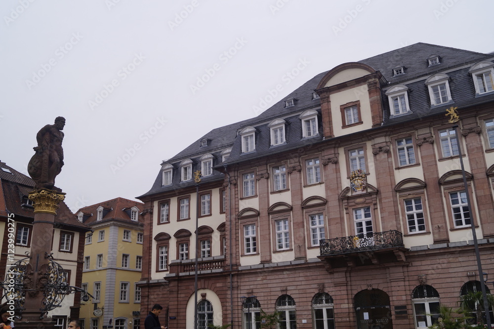 Obraz premium Marktplatz Heidelberg: Rathaus und Herkulesbrunnen