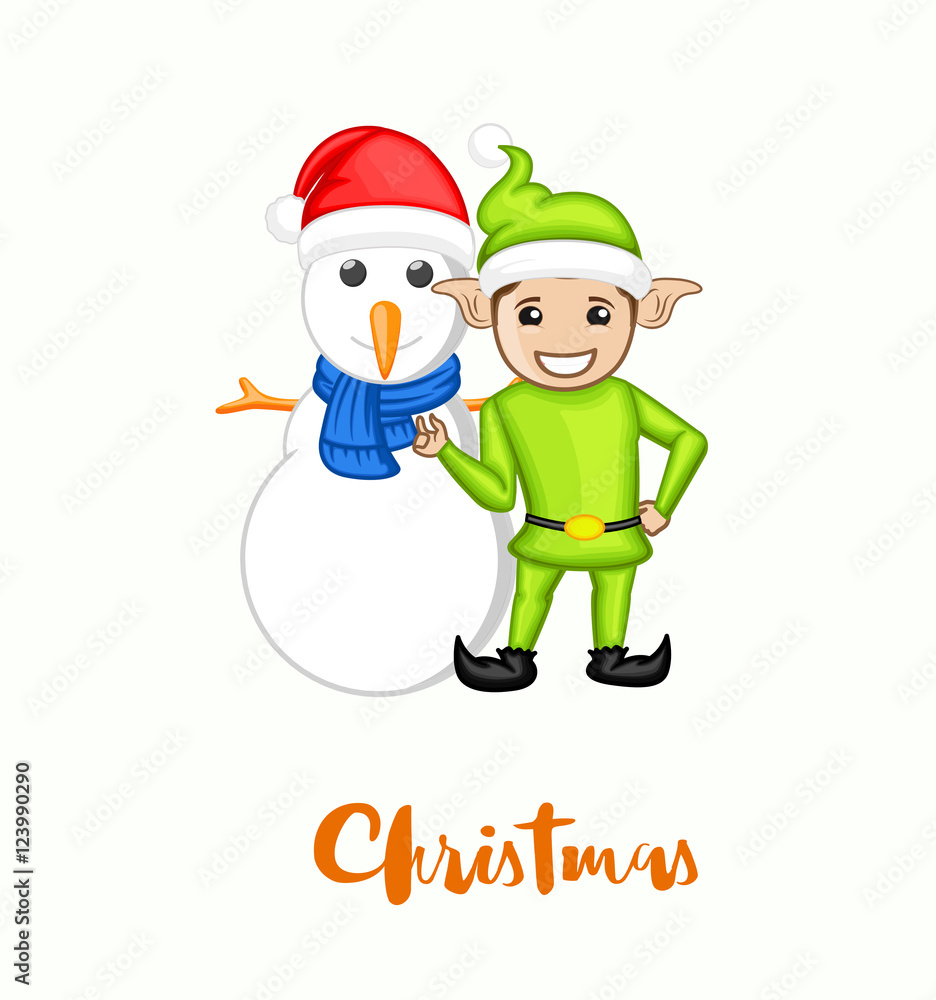 Happy Elf with Snowman Vector Happy Elf with Snowman Vector