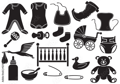 baby icons set (absorbent diaper, clothes, stork carrying a baby in its beak, bed, rattles, safety pin, teddy bear, socks, bottle, carriage)