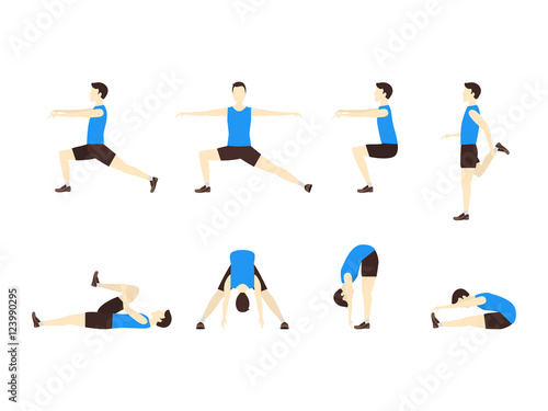 Stretching Exercise Set with Man Flat. Vector