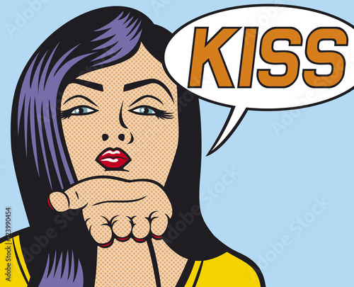 pop art woman Illustration blowing a kiss